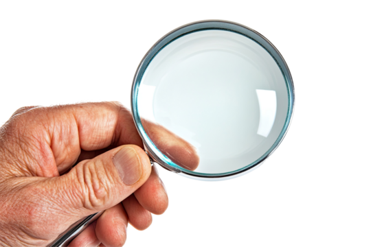 Close-Up of a Hand Holding a Magnifying Glass, Perfect for Educational and Scientific Contexts on transparent background