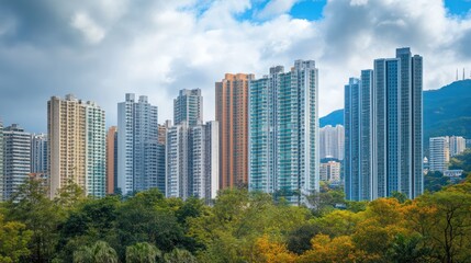 Fototapeta premium Hong Kong's Dense Urban Skyline Blends with Nature's Canopy Under Cloudy Skies
