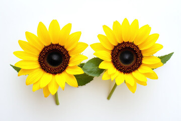 Naklejka premium Two sunflowers with green leaves on a white background