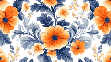 Elegant seamless pattern with orange flowers and blue-gray leaves on white background