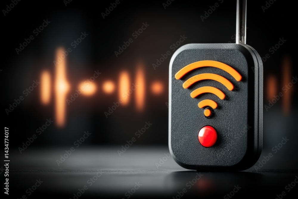 Poster wireless device with a sound wave graphic in the background.