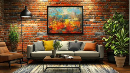 Cozy living room with a modern sofa, colorful artwork on a brick wall, plants, and warm lighting creating a welcoming atmosphere