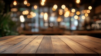 Rustic wooden tabletop, blurring into a warm cafe interior.