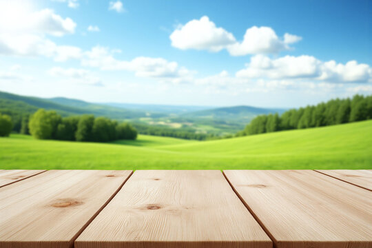 wooden table with a green field in the background 2