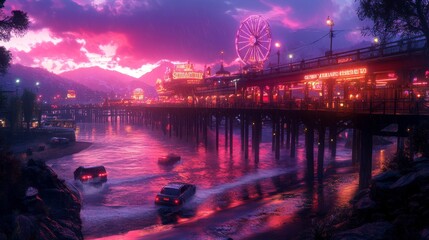 Vibrant sunset over a bustling pier amusement.