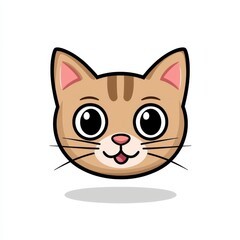 Cartoon cat face with light brown fur and dark brown stripes smiling against a white background