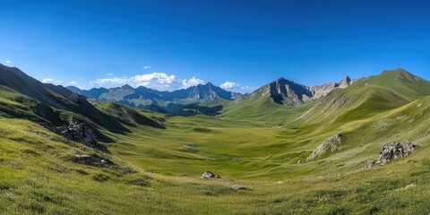 Fototapeta premium Majestic Mountain Valley Under a Clear Sky