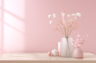 Pink Dried Flower Arrangement On Wooden Table