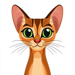 Whimsical illustration of a cat's face with reddish-brown fur and striking green eyes