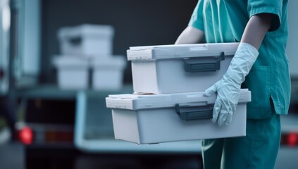 Medical Professional In Teal Scrubs Carefully Transports Two White Insulated Medical Containers