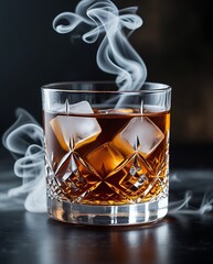 Elegant glass of whiskey with ice cubes surrounded by misty smoke on a dark background, evoking sophistication, relaxation, and the timeless appeal of fine spirits.
