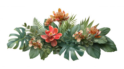 Exotic Colorful Tropical Flowers and Leaves Arrangement Isolated Transparent Background