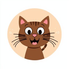 Fototapeta premium Cartoon illustration of a smiling brown cat with large expressive eyes in a circular frame