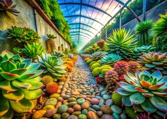 Fototapeta premium Double Exposure Succulent Garden Greenhouse Path - AI Generated Image, Square Stone Pathway, Botanical Photography