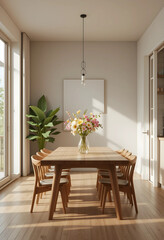 The warm dining room design is influenced by Scandinavian style. 3D render. 