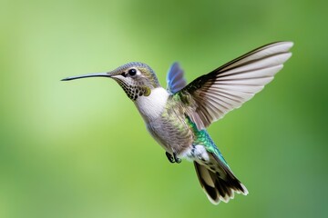 Fototapeta premium A swift hummingbird soars through a vibrant green backdrop.