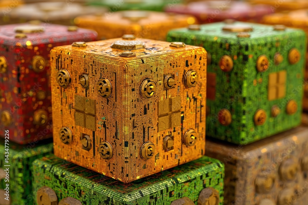 Poster abstract colorful cubes with intricate designs stacked together.
