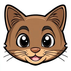 Cartoon illustration of a smiling cat with large round eyes and brown fur