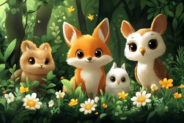 Naklejka premium Forest animals, sunny meadow, cute illustration, children's book