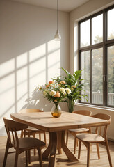 A cozy and modern home interior dining room featuring a wooden dining table and wooden chairs. 3D render. Scandinavian influences. 