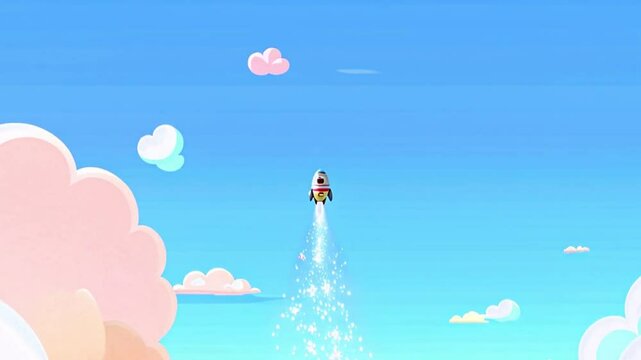 smooth looping animation of smiling rocket flying between animated fluffy clouds in bright blue sky in cinematic flat style