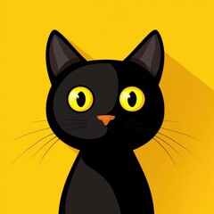 Black cartoon cat with yellow eyes and orange nose on solid yellow background