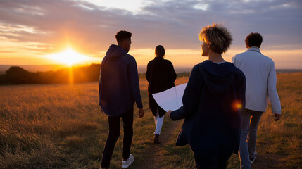 Friends walking into the sunset with a map for a brighter future