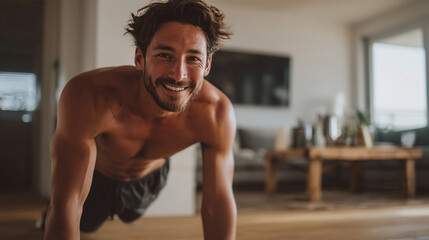 Obraz premium Man doing pushups at home fitness workout routine strength training exercise healthy lifestyle motivation