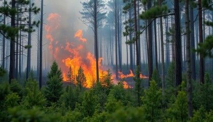 Obraz premium Inferno in the Woodland: A Devastating Forest Fire Consuming Nature's Realm