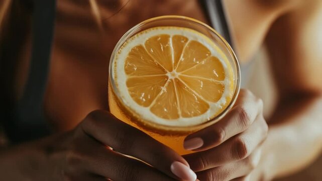 Closeup of a drink with lemon slice.