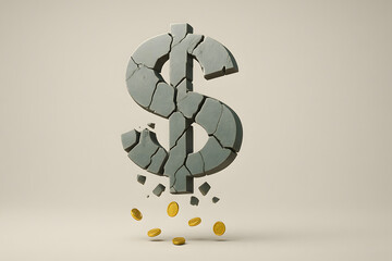 Crisis of the dollar concept — minimalist 16:9 symbolic image of broken dollar symbol with scattered coins