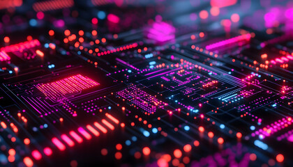Obraz premium Abstract glowing circuit board, digital technology, pink and blue neon lights, futuristic technology background.
