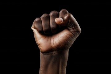 Dark-skinned hand raised in a clenched fist against a black background.