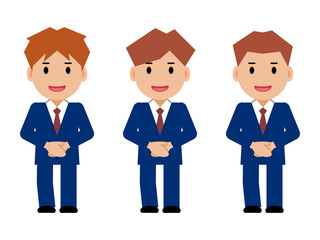 手を前で重ね、笑顔の紺色スーツの若い男性