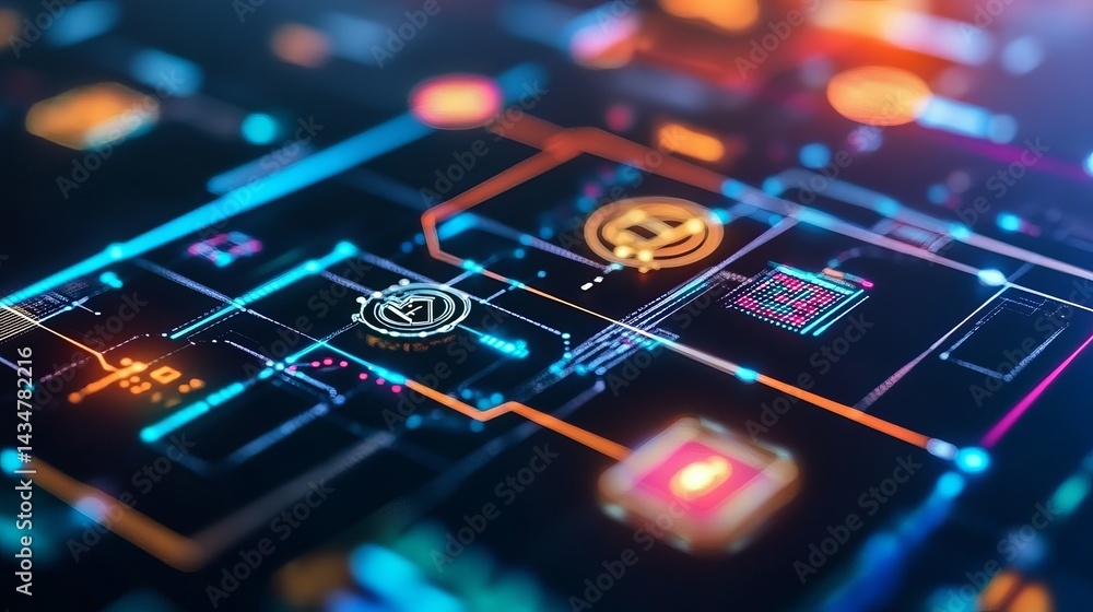 Poster abstract futuristic technology interface digital network neon glowing lines circuit board bright col