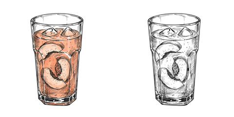 Peach Lemonade Glass with Ice Illustration. Sketch Vector Art, Bright Color and Monochrome Versions on Transparent Background. Refreshing Summer Drink Concept. For Menus, Recipes, Blogs, Packaging