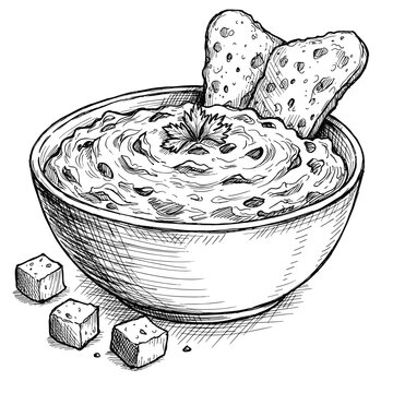 Spinach Dip in Bowl with Toasted Bread Sketch Vector. Monochrome Illustration on Transparent Background. Appetizer, Food, Party Concept. For Menus, Recipes, Blogs, Packaging