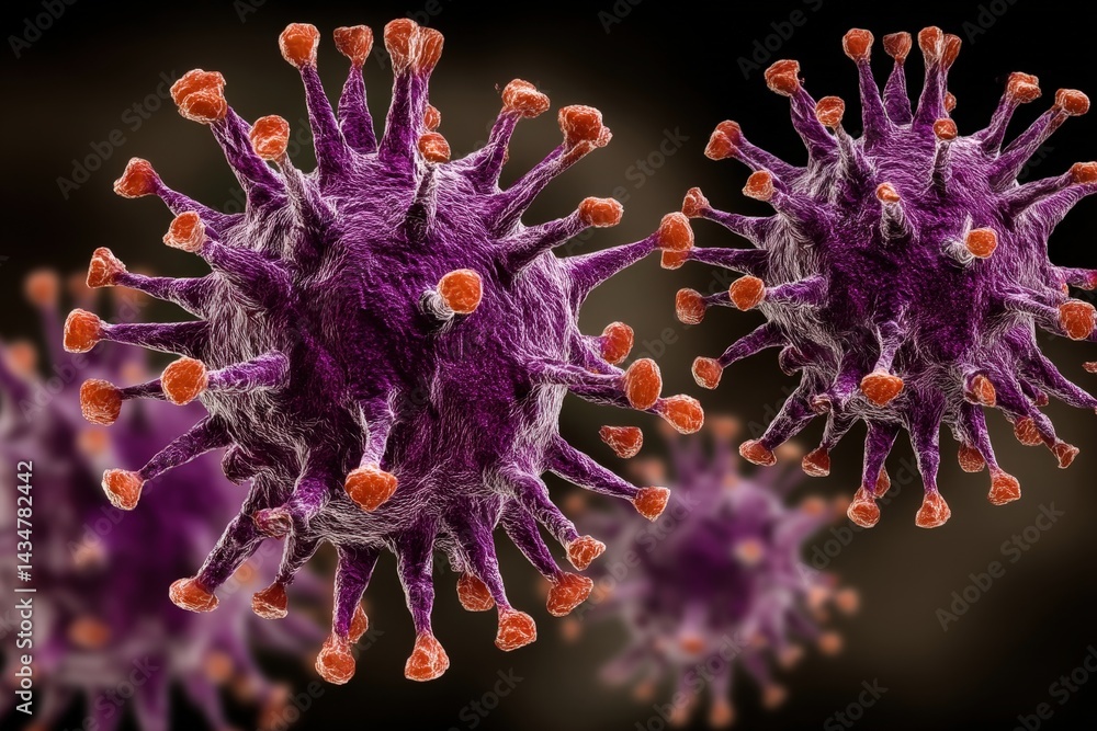 Poster microscopic view of virus particles with detailed structures.
