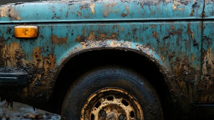 Fototapeta premium Muddy Old Car Wheel and Fender
