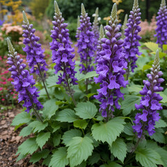 Fototapeta premium Group of Beautiful violet salvia viridis flowers with green leaves on the flower bed in a garden in autumn