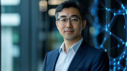 Portrait of a Confident Asian Businessman Professional in Modern Office Setting Wearing Glasses Innovative Technology Network Background Digital      
