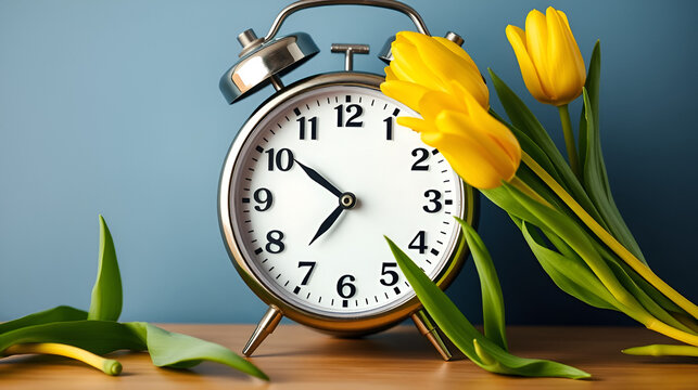 Alarm clock with yellow tulip flowers, switch to daylight saving time in spring, summer time changeover