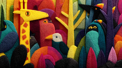 Vivid Embroidered Animals Amidst a Whimsical Forest of Textural Elements