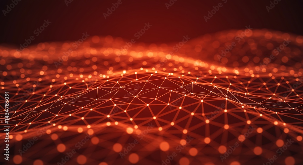 Poster abstract network connecting dots with lines in red-orange tones
