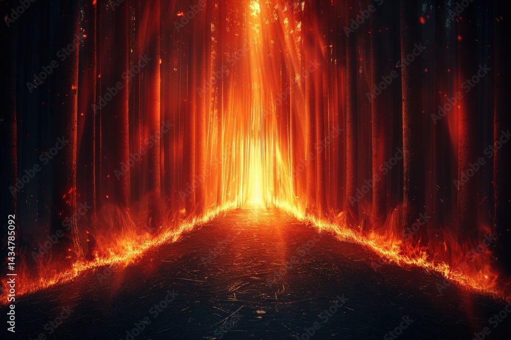 Poster mysterious pathway illuminated by fiery light in a dark forest.
