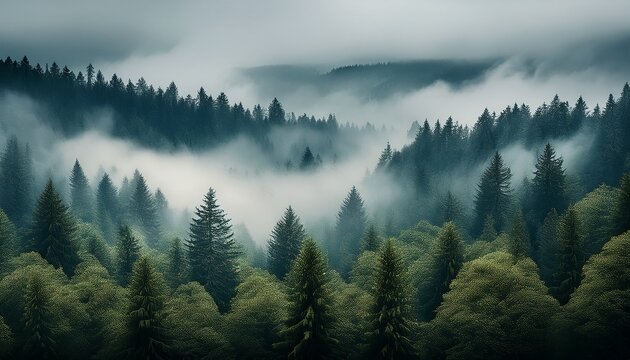 Amazing mystical rising fog forest trees landscape in black forest blackforest ( Schwarzwald ) Germany panorama banner  - Dark mood..