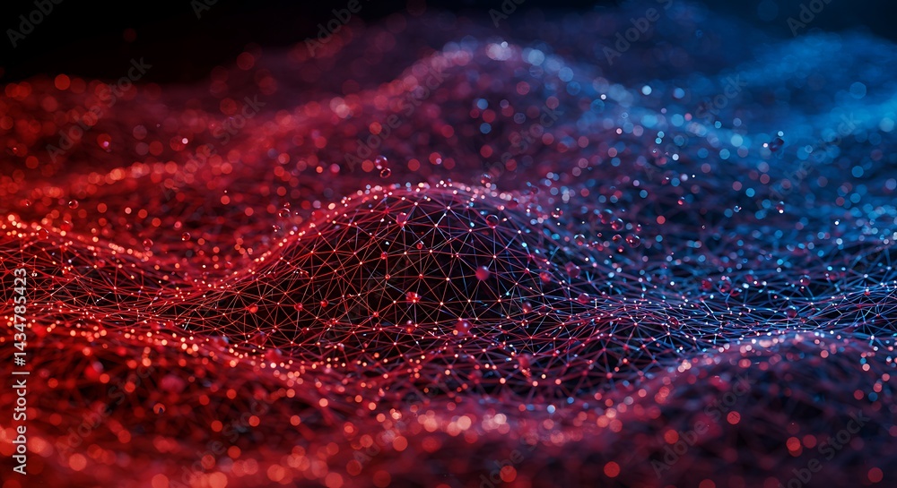Poster abstract network with red and blue glowing points on black background
