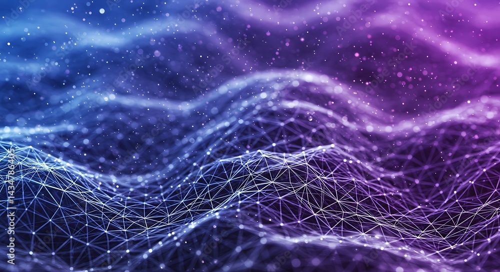 Poster abstract network visualization with connecting lines and nodes in blue and purple