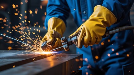 Industrial worker using plasma cutting torch on metal sheet, producing vibrant sparks while wearing heavy protective gloves in a professional metal fabrication environment
