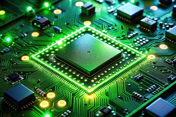 Green Circuit Board LED Lights Electronics Closeup Minimalist Tech Photography